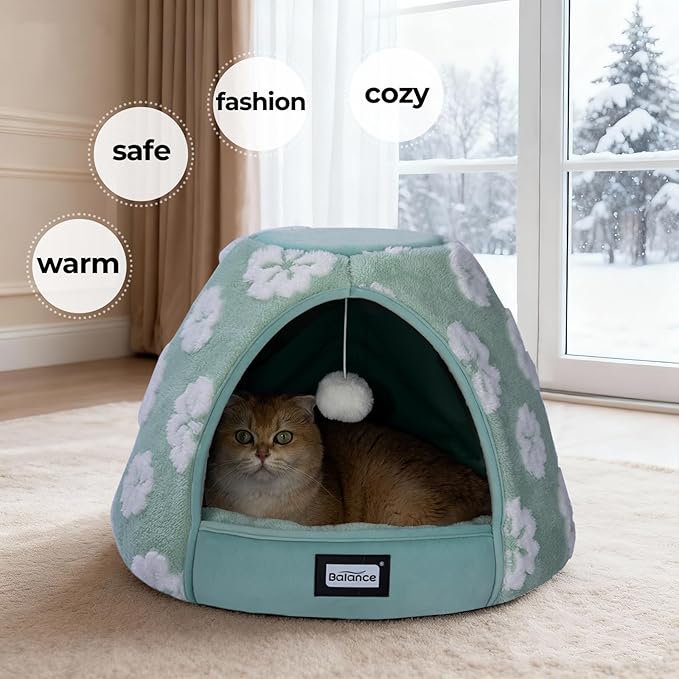 BALANCE Cat Beds for Indoor Cats, 2-in-1 Cat Bed Cave with Anti-Slip Bottom and Ultra-Soft Plush, Cozy Cats House Tent for Kittens and Small Dogs, 21 Inches, Green