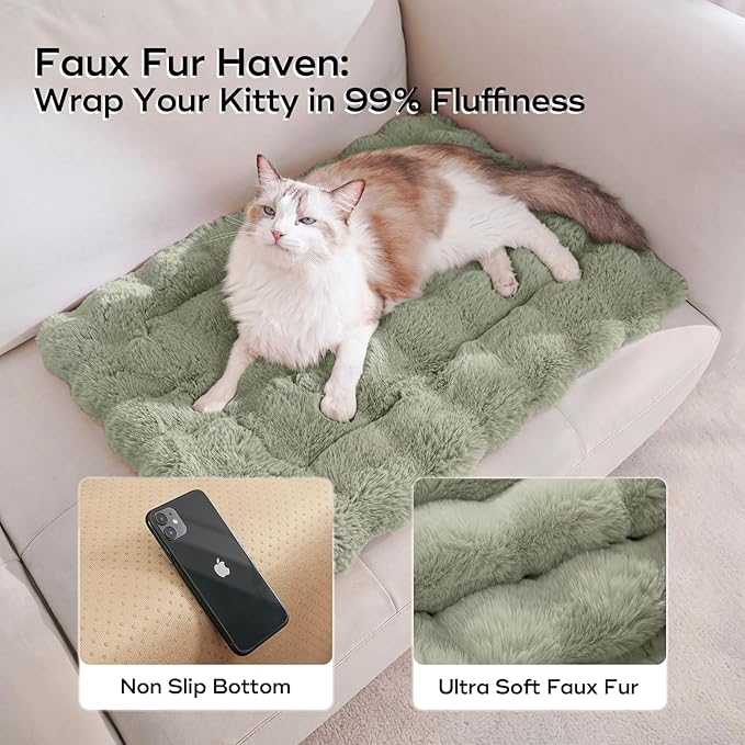 Cat Beds for Indoor Cats Faux Fur Pet Mat Cute Kitten Plush Bed with Non-Slip Bottom for Carriers/Sofa Dog & Puppy Friendly 27 x 20 Inch Green