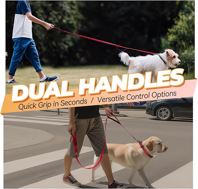 VIVAGLORY Twingrip Dog Leash, Double Handle Dog Leash for Training & Walking with Traffic Handle & 2 Loop, Traffic Control Reflective Heavy Duty for Puppy Pet, 6ft x 1in, Red