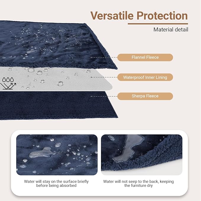 Waterproof Dog Blanket for Large Dogs - Reversible Washable Pet Blanket, Soft Sherpa Fleece Furniture Protector, Cat Throw Bed Couch, Navy, 60"x80"