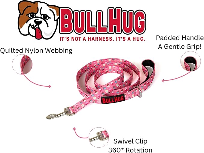 BULLHUG 6 FT Bulldog Leash with Padded Handle. Perfect for Bulldogs, French Bulldogs, Pugs & All Breeds. Leashes for Walking, Training Lead for Bulldogs (Cupcake)