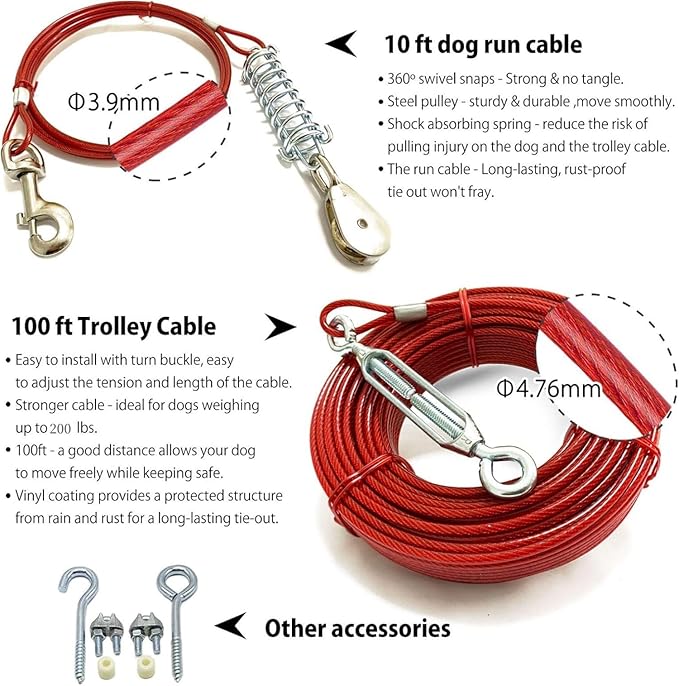 Dog Tie Out Runner with Heavy Duty Aerial Trolley System for Small to Large Dogs - 100ft Run Cable Zipline with 10ft Cable Great for Yard Camping Outdoor