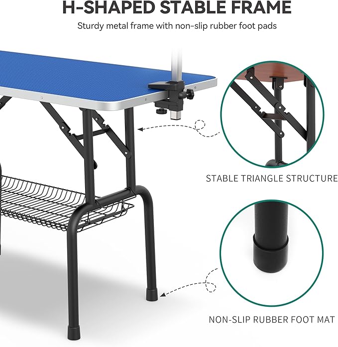 YITAHOME 46" Dog Grooming Table, Foldable Home Pet Bathing Station Table with Adjustable Arm, Non-Slip Desktop, Storage Tray& Noose, Blue