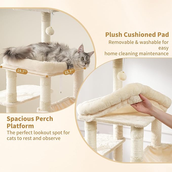 Heybly Cat Tree, 71-Inch Tall Cat Tower for Large Maine Coon Cats with Extra-Large Baseboard, Cat Condo Furniture with Multi-Level Platforms, 2 Hammocks and 12 Scratching Posts, Beige HCT037M