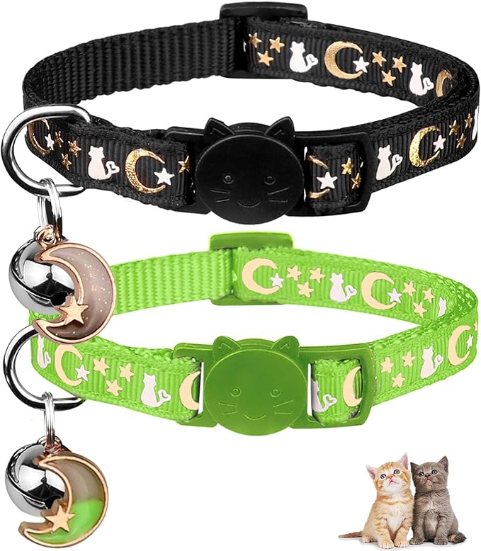 2PCS Breakaway Cat Collars with Bell Cute Kitty Glow in The Dark Adjustable Kitten Collars 7.9-13.0 Inch(Green&Black)