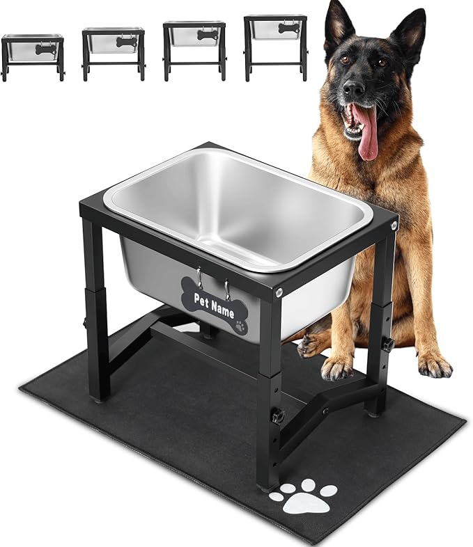 2.8 Gallon Elevated Large Dog Water Bowl, 4 Adjustable Height 10.5-15.8'' Raised Stainless Steel Bowl Stand with Anti-Slip Mat for Large Breed, Metal Dog Feeding Station for Relief Joint Pressure