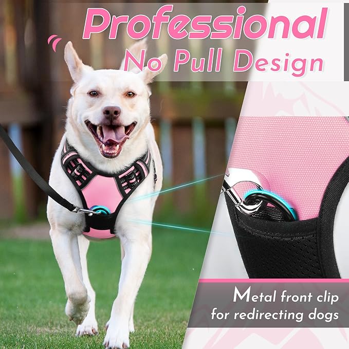 Eagloo Dog Harness Large Breed, No Pull Service Vest with Reflective Strips and Control Handle, Adjustable and Comfortable for Easy Walking, No Choke Pet Harness with 2 Metal Rings, Pink, XL