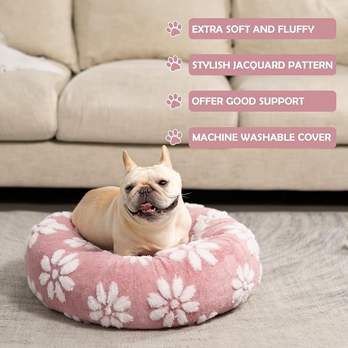 Donut Dog Beds for Medium Dogs, Calming Round Cat Beds for Indoor Cats, Cute 3D Textured Flower Pet Bed with Removable Washable Cover and Anti-Slip Bottom（Pink，30"）