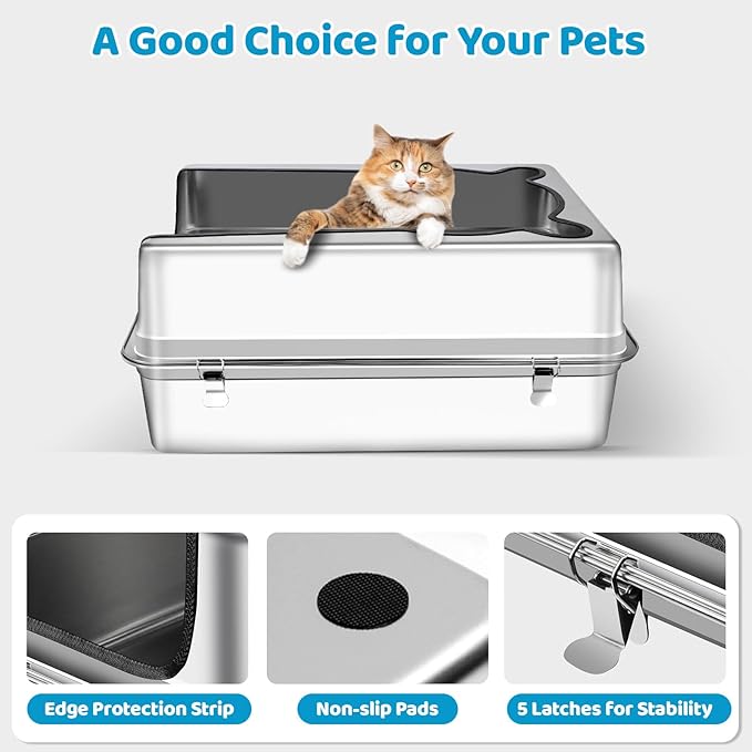 Extra Large Stainless Steel Litter Box, XXXL 27.5" L x 19.7" W x 11.8" H Semi Enclosed Removable Metal Cat Litter Box with High Sided Enclosure, Scoop, Anti-Leakage, Non-Sticky, Easy Cleaning