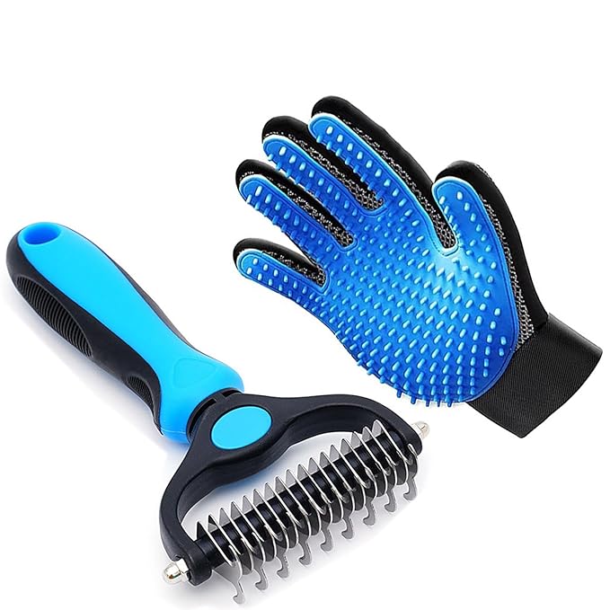 2-Piece Cat and Dog Grooming Set with a pair of grooming gloves and a shedding brush for shedding, bathing, brushing, removing undercoat and reducing shedding easily (Blue)