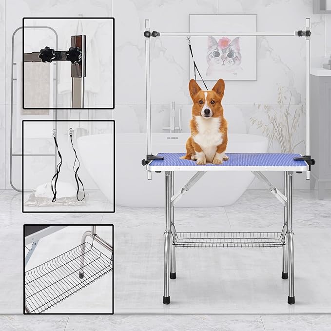 SoarFlash Pet Dog Grooming Table Foldable,Heavy Duty Foldable Pet Grooming Table with Arm & Noose & Mesh Tray, Maximum Capacity Up to 330lbs, 42inch, Blue