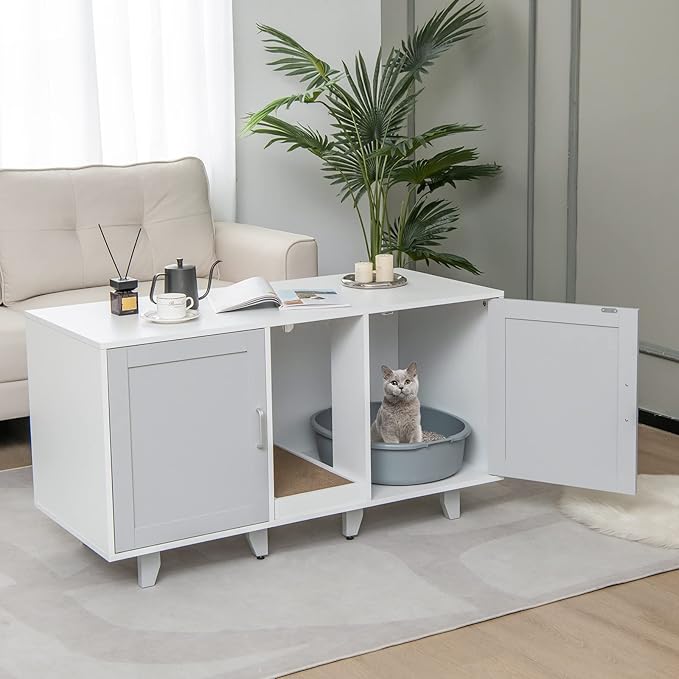 Tangkula Double Cat Litter Box Enclosure for 2 Cats, Large Stackable Hidden Privacy Cat Washroom Cabinet with Scratching Board, Indoor Cat House TV Stand Side Table, Litter Box Furniture (Grey)