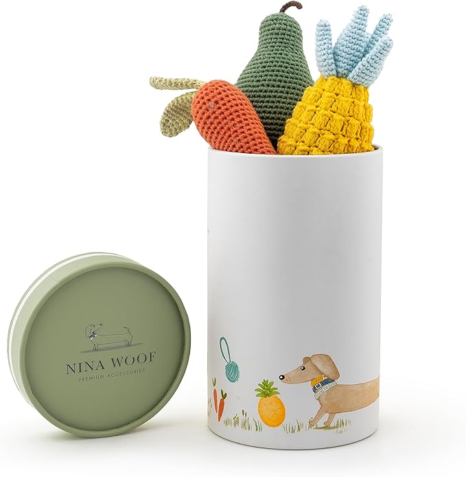 Nina Woof Organic Cotton Dog Toys Pack – Handmade Squeaky Plush Puppy Toys for Small and Medium Dogs, Eco Friendly Teething Accessories, Natural Pet Gift Set with Cute Fruit and Veggie Designs