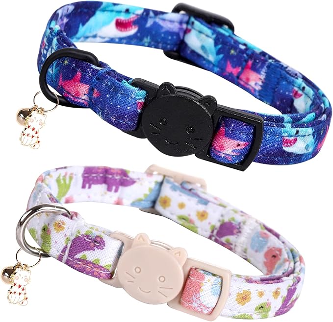 Elegant little tail 2 Pack Cat Collar-Dinosaur & Shark Cotton Breakaway Cat Collars with Bell Pendant Kitten Boy Cats Safety Adjustable Collar for Small Cats Puppy