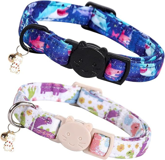 Elegant little tail 2 Pack Cat Collar-Dinosaur & Shark Cotton Breakaway Cat Collars with Bell Pendant Kitten Boy Cats Safety Adjustable Collar for Small Cats Puppy