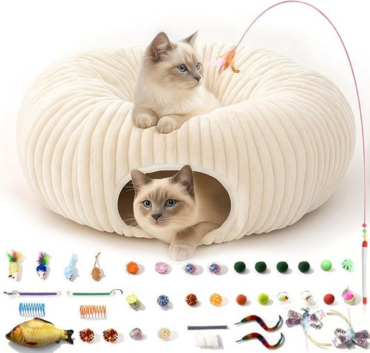 Cat Tunnel Bed with 40 Cat Toys, Collapsible Play Tunnel for Indoor Cats, Cat Tube for Kitten Puppy