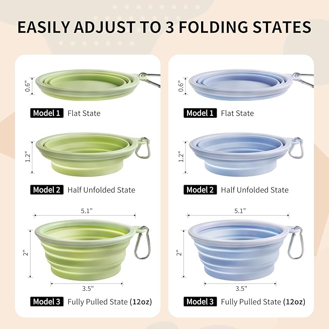 Collapsible Dog Bowls 2-Pack, Portable Travel Dog Bowl with Carabiner, Food-Grade Silicone Pet Bowl for Hiking, Walking (Macaron Blue and Green)