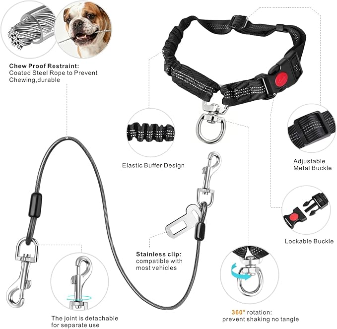 Idepet Dog Seat Belt for Car, 2 Pcs Stainless Steel Chew Proof Dog Seatbelt 3 in 1 Harness for Safety Heavy Duty Pet Seat Belt for Medium & Large Dogs (Black)