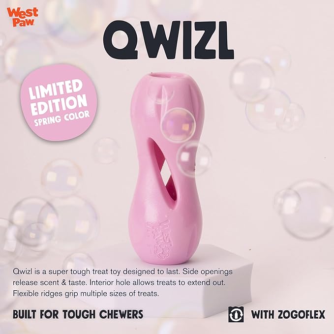 WEST PAW Zogoflex Qwizl Dog Puzzle Treat Toy – Interactive Chewing for Dogs – Dispenses Pet Treats – Brightly-Colored Dog Enrichment Toy for Aggressive Chewers, Fetch, Catch, Large 6.5", Bubblegum