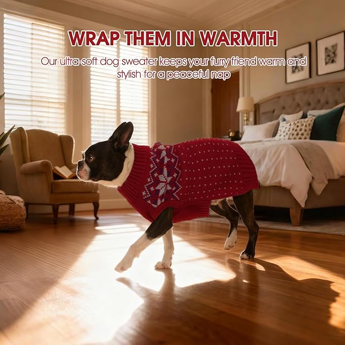 FUAMEY Dog Christamas Sweater, Warm Dog Sweater Classic Snowflake New Year Turtleneck Sweaters Knitwear Cold Weather Dogs Pullover for Small Medium Dogs Puppies & Cats Bulldogs Corgi with Leash Hole