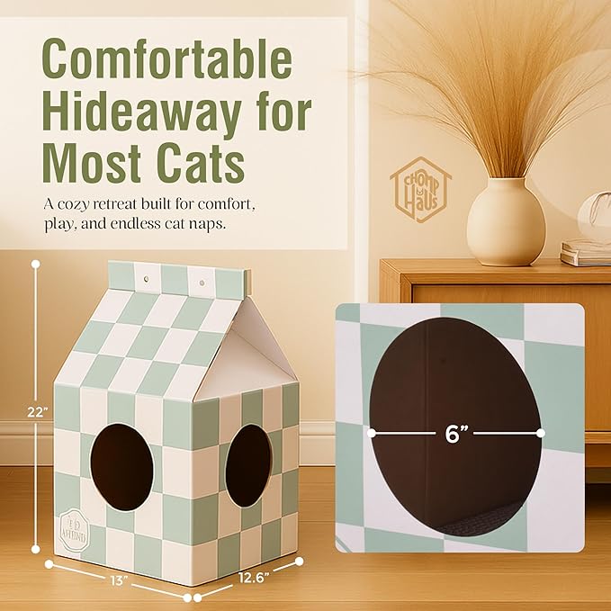 Cardboard Cat House with Scratch Pad – Durable Eco-Friendly Hideaway, Easy Assembly, Stylish Matcha Checkered Design, Indoor Cat Furniture