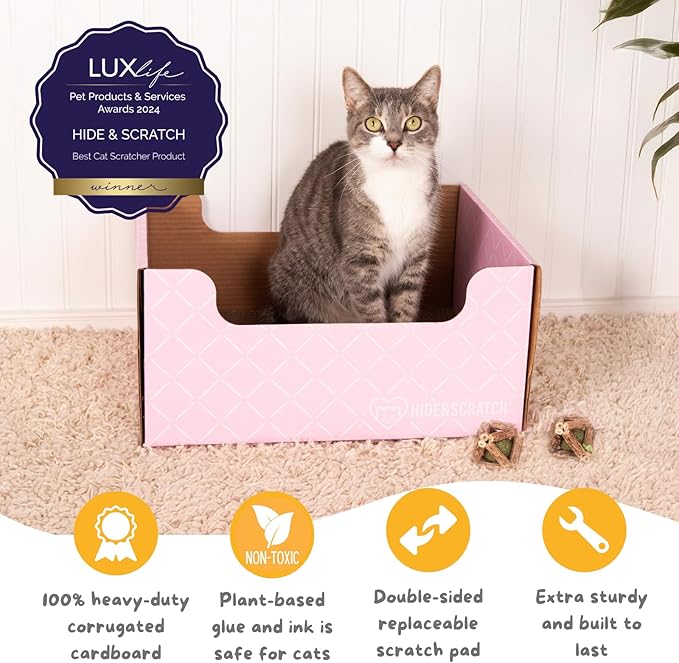 HIDE & SCRATCH Cardboard Cat Scratcher; Cat Scratcher Box and Bed with Refillable Double-Sided Cardboard Scratch Pad for Indoor Cats