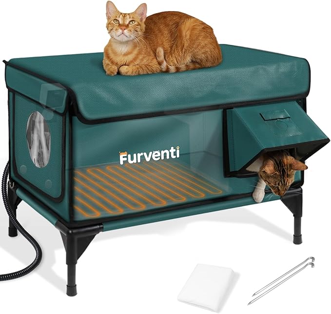 Heated Cat House for Outside,Dual Camera Mounts,100% Weatherproof & Extremely Insulated,Elevated Feral Cat Shelter with Escape Door,Waterproof Eaves for Outdoor Stray Barn Cat(Dark Green, L with Cam)