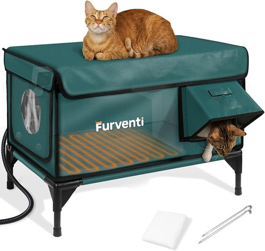 Heated Cat House for Outside,Dual Camera Mounts,100% Weatherproof & Extremely Insulated,Elevated Feral Cat Shelter with Escape Door,Waterproof Eaves for Outdoor Stray Barn Cat(Dark Green, L with Cam)