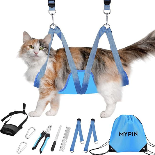 Cat Grooming Hammock, Pet Grooming Harness for Dogs&Cats, Multi Hammock Restraint Bag with Adjustable Grooming Loop/Stainless D-Hooks/Nail Clippers/Trimmer/Nail File for Pet Nail Trimming, Care (XS)