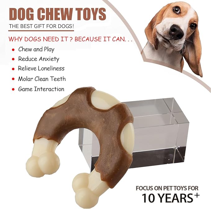 Durable Nylon Dog Bones, 2 Pack Dog Toys for Aggressive Chewers, Real Beef-Flavored U-Shaped Bones Chew Toys for Small/Medium/Large Dogs, Teething and Boredom Relief