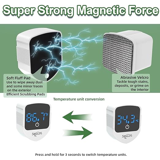 SEAOURA 2-in-1 Mini Aquarium Magnetic Cleaner with Digital Thermometer, Fish Aquariums Magnets Brush only for Glass Tank,Tiny Magnet Floating Cleaning Tool for 1-30 Gallons