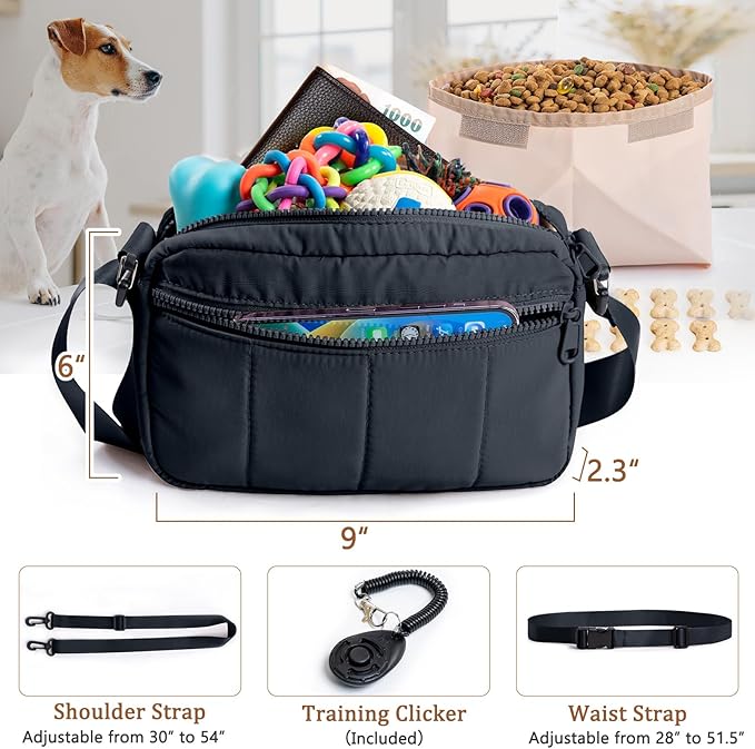 Fashion Dog Treat Pouch with Clicker Stylish Crossbody Dog Walking Bag, 3-in-1 Dog Training Treat Pouch with Removable Waterproof Liner, Treat Holder Waist Bag for Puppy Training & Daily Walks