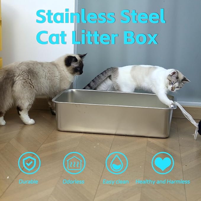 Stainless Steel Litter Box 2 Pack,Metal Litter Box for Cats Easy to Clean,Cat LitterBox for Kitty/Kitten Rabbit Litter Pan,Non Stick, No Smell