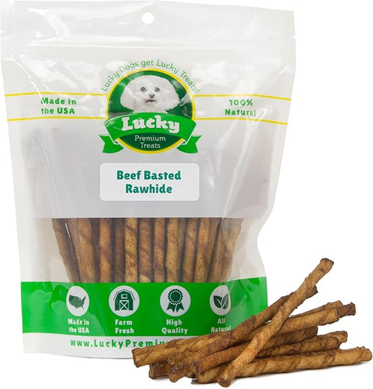 Lucky Premium Treats Beef Basted Rawhide – All-Natural Rawhide and Beef Dog Treats for Small Dogs, Gluten Free Premium Small Dog Treats (200 Chews)