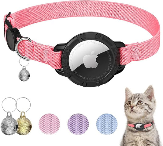 AirTag Cat Collars, Stretchy Collar with Apple AirTag Holder and Bell, Breakaway Ultra Design Elastic GPS Tracking Collars for Cats and Puppies, (7.5-12.5 Inch), Hot Pink