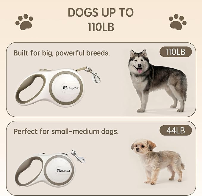 OUTnWILD Retractable Dog Leash, 16 ft Heavy Duty Dog Leash for Large Breeds/Pets Up to 110 lbs, 360° Tangle Free Design with One Touch Quick-Lock Braking System & Anti-Slip Handle. Khaki, L