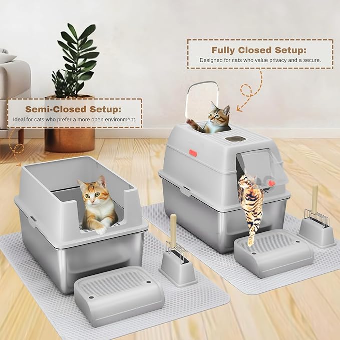 XXL Stainless Steel Sifting Litter Box with Lid, Fully Enclosed 8" Deep Metal Cat Litter Box, Leak-Proof, for Pine Pellets or Non-clumping Litter, for Large & Multi-Cats, with Litter Mat & Scooper