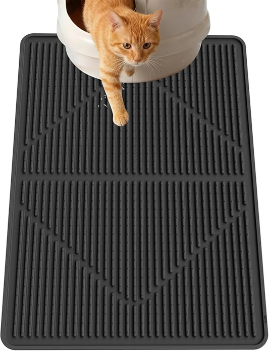 Gosmol Waterproof Cat Litter Mat, XL 28" x 20" Silicone Cat Mat for Litter Box, Large Pet Mat with Deep Grooves, Easy Clean Litter Mats Non-Slip Design Protects Floors & Carpets from Stains - Black
