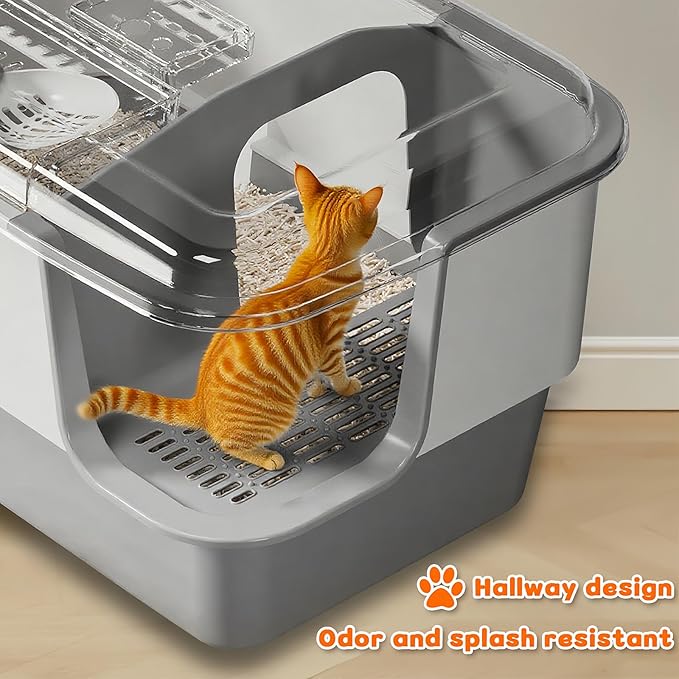 XXXL Litter Box with Lid, Extra Large 25.98" L*18.5" W*15.35" H Cat Litter Boxs, Jumbo Enclosed Removable Litter Box High Sides for Big Cats,with Cat Litter Scoop, Leak-Proof, Easy to Clean（Gray）