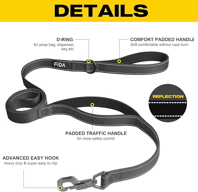 Fida 6 FT Heavy Duty Dog Leash with 2 Comfortable Padded Handles, Traffic Handle & Advanced Easy Snap Hook, Reflective Walking Lead for Large, Medium & Small Breed Dogs, Black