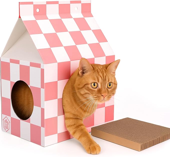 Cardboard Cat House with Scratch Pad – Durable, Eco-Friendly Hideaway, Easy Assembly, Stylish Cotton Candy Checkered Design, Indoor Pet Furniture, for Cat Lovers