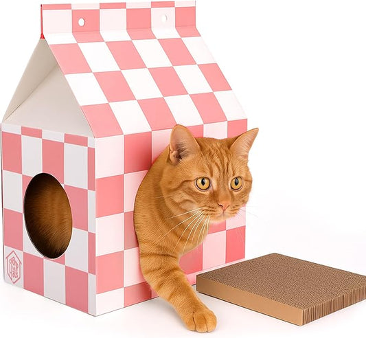 Cardboard Cat House with Scratch Pad – Durable, Eco-Friendly Hideaway, Easy Assembly, Stylish Cotton Candy Checkered Design, Indoor Pet Furniture, for Cat Lovers