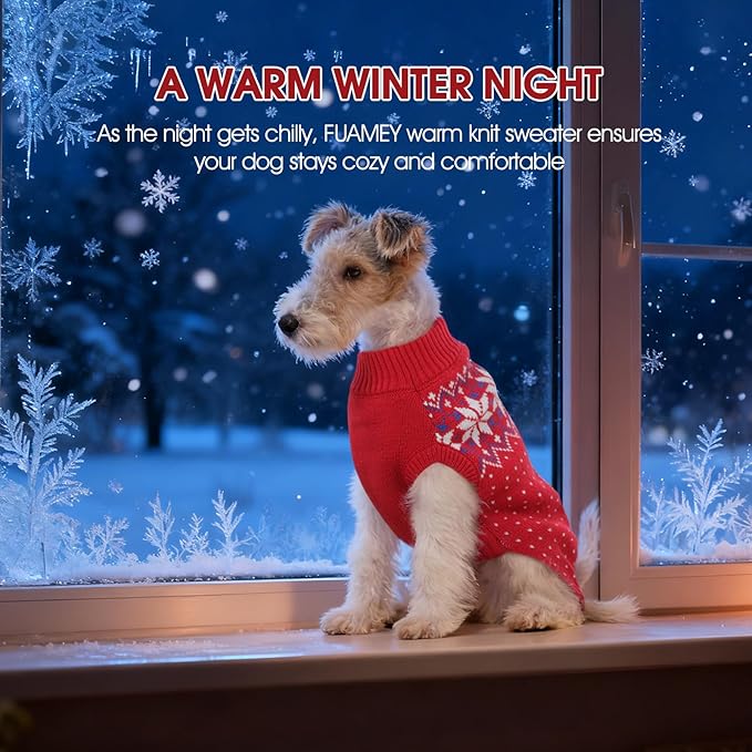 FUAMEY Dog Christamas Sweater, Warm Dog Sweater Classic Snowflake New Year Turtleneck Sweaters Knitwear Cold Weather Dogs Pullover for Small Medium Dogs Puppies & Cats Bulldogs Corgi with Leash Hole