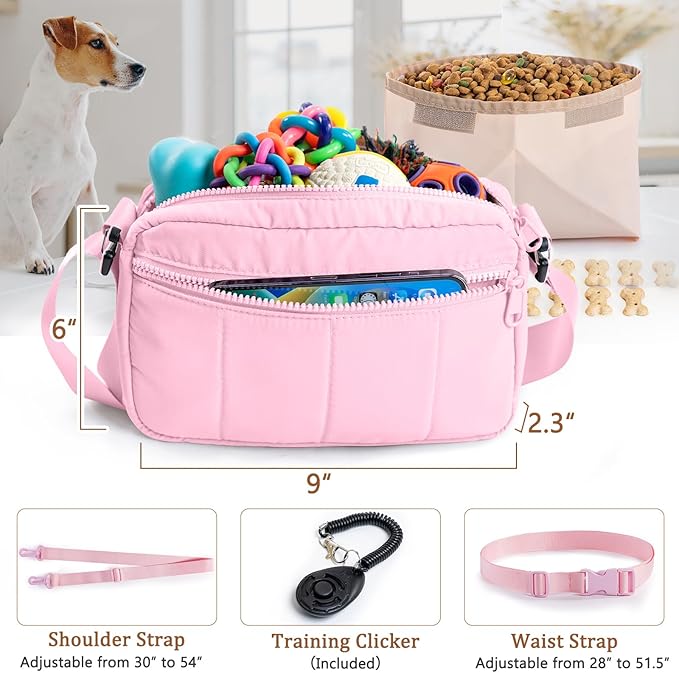Fashion Dog Treat Pouch with Clicker Stylish Crossbody Dog Walking Bag, 3-in-1 Dog Training Treat Pouch with Removable Waterproof Liner, Treat Holder Waist Bag for Puppy Training & Daily Walks