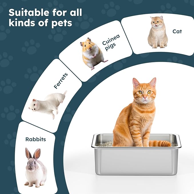 Stainless Steel Cat Litter Box - Large Metal High-Sided Litter Pan for Cats, Rabbits, and Pets, Non-Stick, Odor-Free, Easy to Clean, Splash-Proof, Sturdy and Durable Indoor Cat Toilet Supplies
