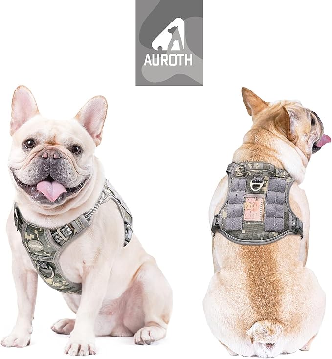 Auroth Tactical Dog Training Harness No Pulling Front Clip Leash Adhesion Reflective K9 Pet Working Vest Easy Control for Small Medium Large Dogs Grey Camo S