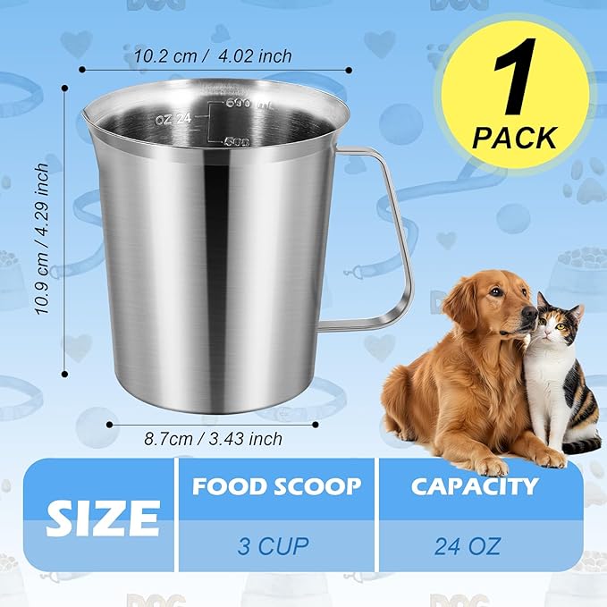 3 Cup Dog Food Scoop 304 Stainless Steel Dog Food Measuring Cups for Cat or Bird Pet Foods, Injection Molded and Dishwasher Safe (3 Cups)