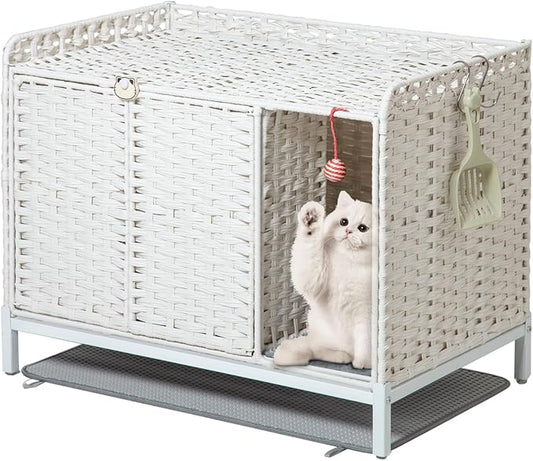Cat Litter Box Enclosure Furniture with Divider, Handwoven Rattan Litter Box with Mat, 31.2 x 19.6 x 24.2 Inches, Metal Heightened Feet, Hidden Cat House for Living Room, Bedroom (White)