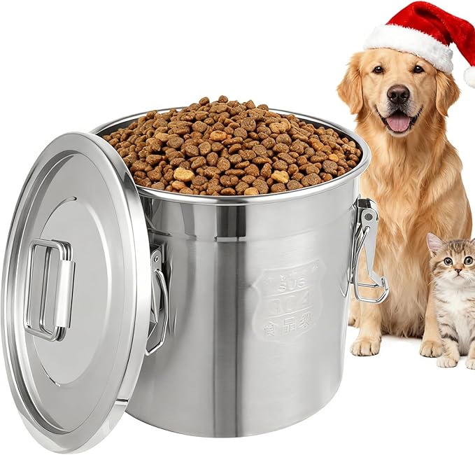 Stainless Steel Dog Food Storage Containers with Airtight Lid and Sturdy Locking Clamp, Fits up to 15Lbs, Large Metal Dog Food Storage Containers for Dogs & Cats, Keep Fresh
