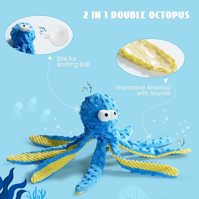 Nocciola Crinkle Squeaky Octopus Dog Toy - Ocean Theme Stuffed Interactive Rope Toys for Small, Medium & Large Dogs, Durable for Aggressive Chewers (Crab)